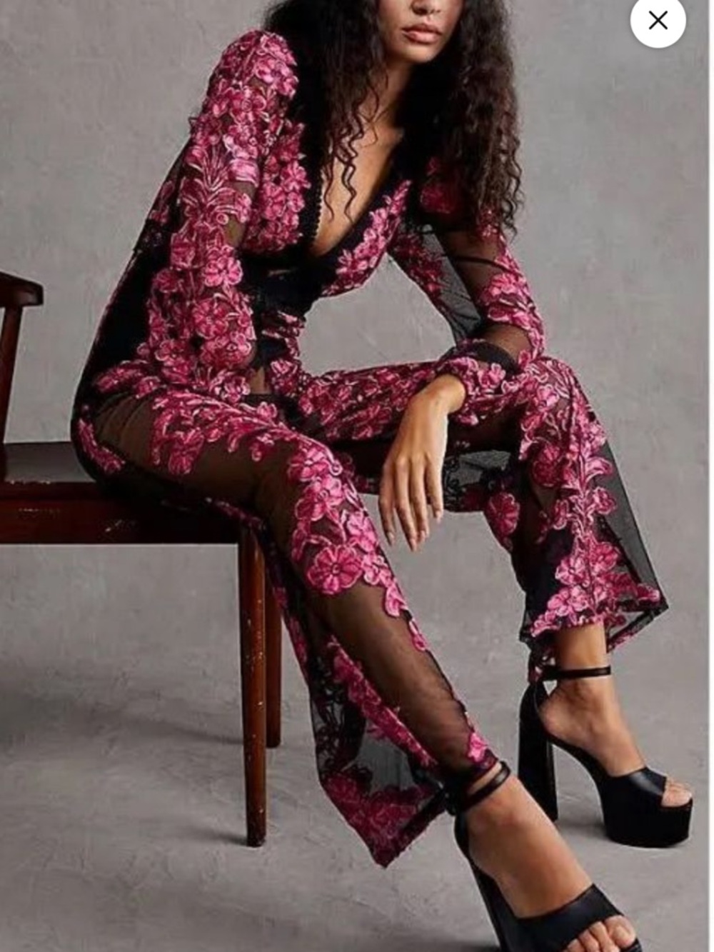 For Love & Lemons Black Sheer Wide-Leg Jumpsuit with Hot Pink Floral Embroidery